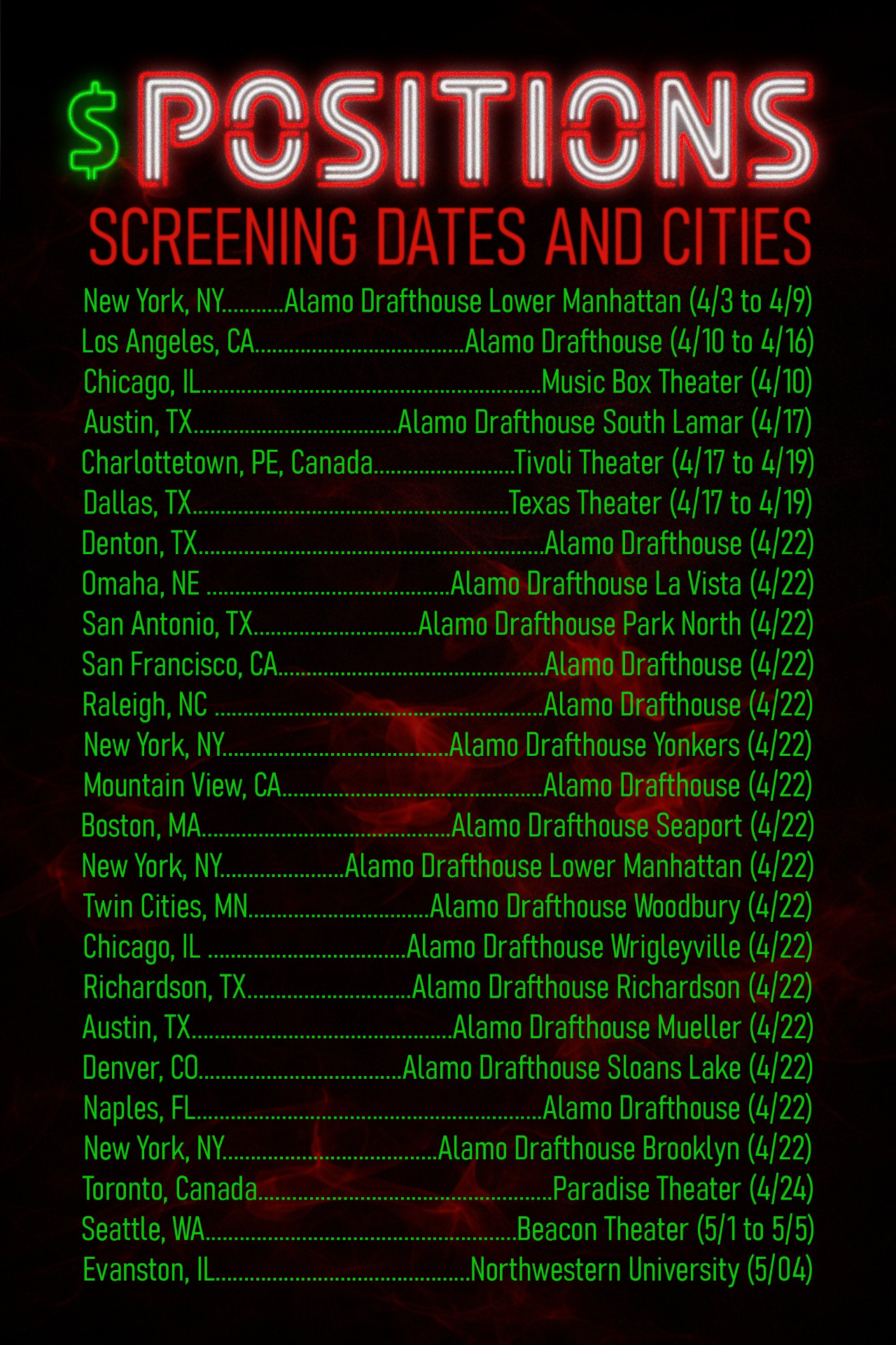 $POSITIONS Screening Dates and Cities